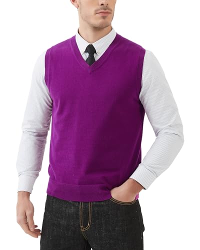 Kallspin Herren V-Ausschnitt Gestrickt Ärmellos Weste 100% Baumwolle Pullunder Relaxed Fit Pullover (Violett, L) von Kallspin