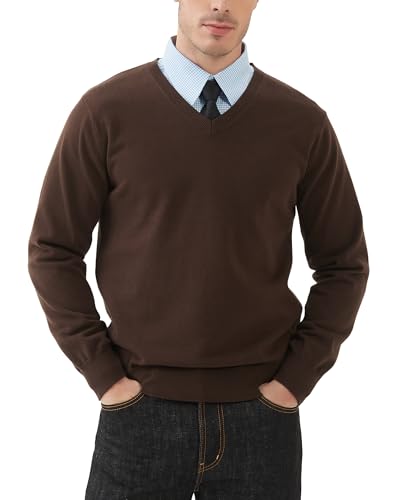 Kallspin Herren V-Ausschnitt Langarm Pullover 100% Baumwolle Leichtgewicht Pullover Casual Business Solid Pullover(Braun, 4XL) von Kallspin