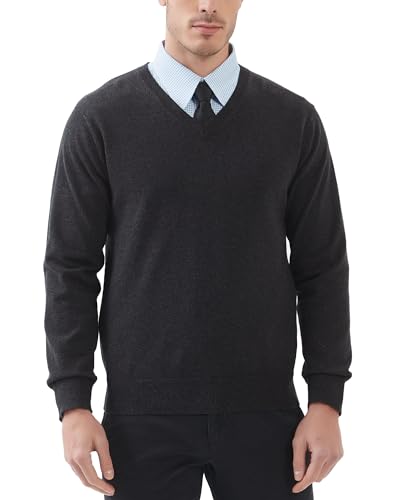Kallspin Herren V-Ausschnitt Langarm Pullover 100% Baumwolle Leichtgewicht Pullover Casual Business Solid Pullover(Grau, XL) von Kallspin