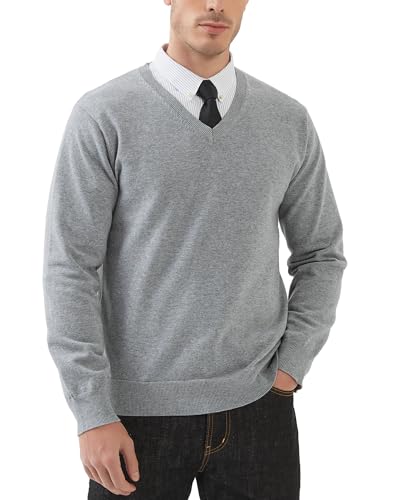 Kallspin Herren V-Ausschnitt Langarm Pullover 100% Baumwolle Leichtgewicht Pullover Casual Business Solid Pullover(Hellgrau, M) von Kallspin