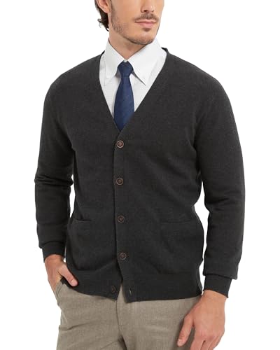 Kallspin Herren V-Ausschnitt Reine Baumwolle Pullover Normale Passform Langarm Knopf Down Strickpullover(Dunkelgrau, L) von Kallspin