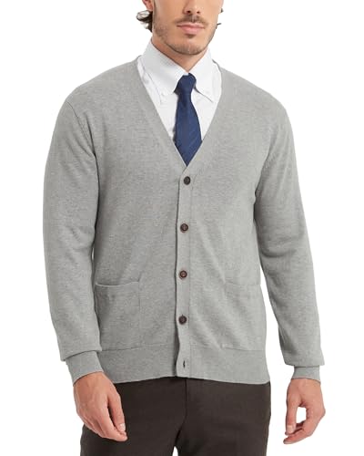 Kallspin Herren V-Ausschnitt Reine Baumwolle Pullover Normale Passform Langarm Knopf Down Strickpullover(Hellgrau, 3XL) von Kallspin