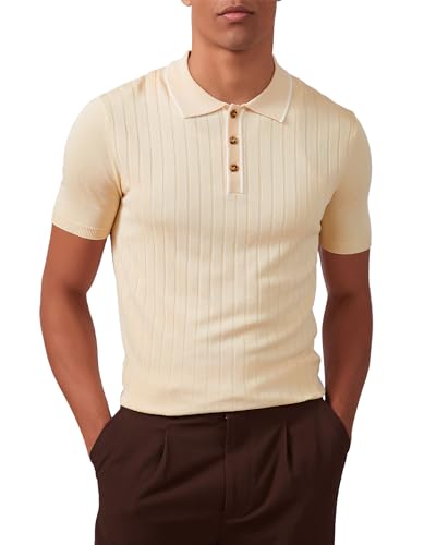 Kallspin Herren Vintage Gestricktes Poloshirt Kurzarm Solide Golfhemden(Beige,XL) von Kallspin