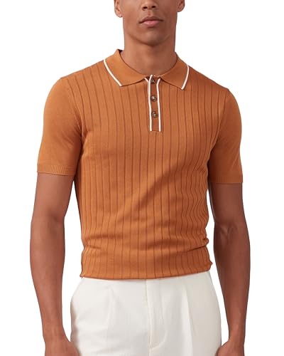 Kallspin Herren Vintage Gestricktes Poloshirt Kurzarm Solide Golfhemden(Karamell,XL) von Kallspin