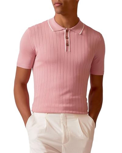 Kallspin Herren Vintage Gestricktes Poloshirt Kurzarm Solide Golfhemden(Rosa,L) von Kallspin
