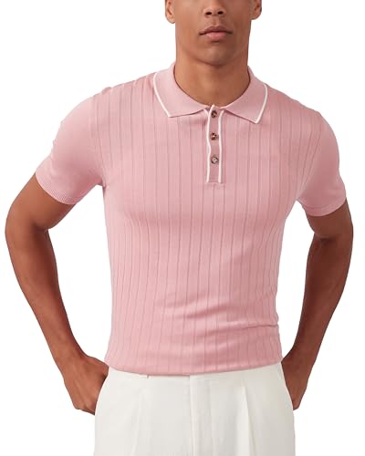 Kallspin Herren Vintage Gestricktes Poloshirt Kurzarm Solide Golfhemden(Rosa,S) von Kallspin