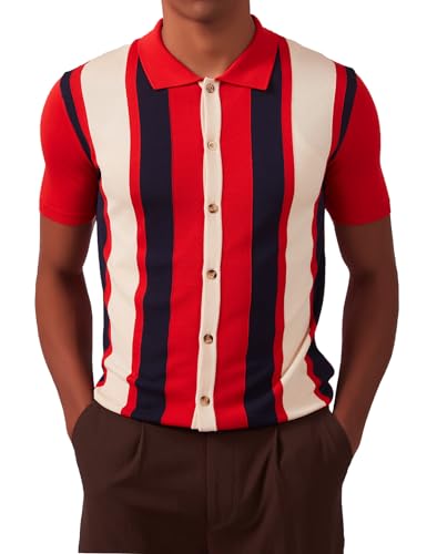 Kallspin Herren Vintage Polo Shirt Retro 1960s Gestreiftes Strick Golfshirt(Rot XXX-Large) von Kallspin