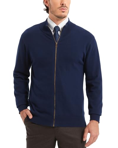 Kallspin Herren Vollzipper Baumwolle Strickjacke Pullover Langarm Stehkragen Normale Passform Strickjacken Pullover(Marineblau, L) von Kallspin