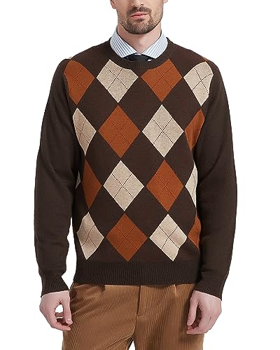 Kallspin Herren Wollmischung Strickpullover Argyle Rundhalsausschnitt Pullover Sweater(Braun, L-Tall) von Kallspin