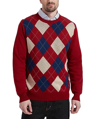 Kallspin Herren Wollmischung Strickpullover Argyle Rundhalsausschnitt Pullover Sweater(Burgunderrot, 4XL) von Kallspin