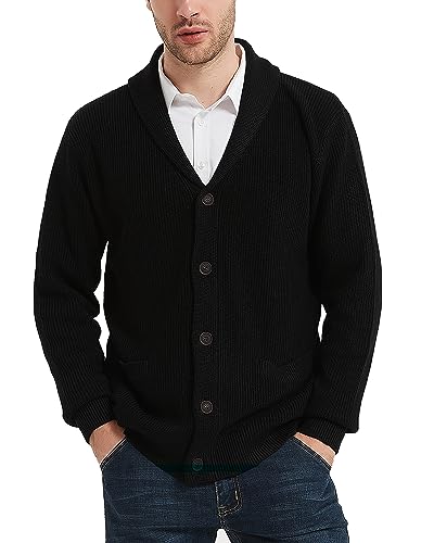 Kallspin Herren Wollschal-Kragen Strickjacke mit Knöpfen und Taschen(Schwarz, L) von Kallspin