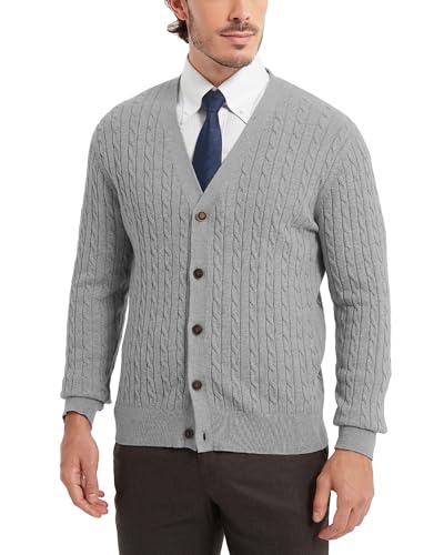 Kallspin Herren Zopfstrick Strickjacke Pullover Reine Baumwolle V-Ausschnitt Relaxed Fit Langarm Casual Knöpfe Strickwaren(Hellgrau, L) von Kallspin