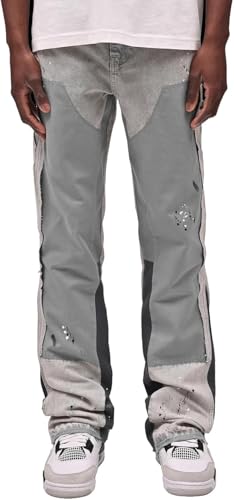 Flared Jeans Herren - Y2K Streetwear Denim Hose mit Tintenspritzer-Design, Patchwork und Taschen - Bootcut Baggy Freizeithose im Hip Hop Cowboy Style von KaloKLU