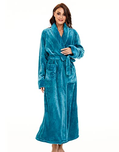 KaloKLU Bequemer Damen-Bademantel aus flauschigem Fleece - Langes Kleid perfekt zum Entspannen, türkis, 34 von KaloKLU