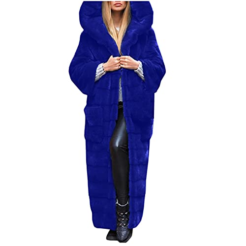 KaloKLU Damen Wintermantel Lang Pelzmantel mit Kapuze Wintermantel Warm Kunstfell Mantel Einfarbig Wintermantel Dicker Wintermantel Kuscheliger Wintermantel mit Tasche, blau, 36 von KaloKLU