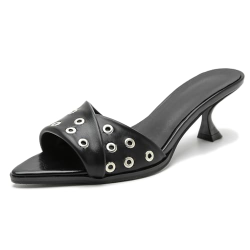 KaloKLU Kitten Heel für Frauen Pointed Toe Bow Mesh Pantoletten Silp On Studded Heeled Sandalen von KaloKLU