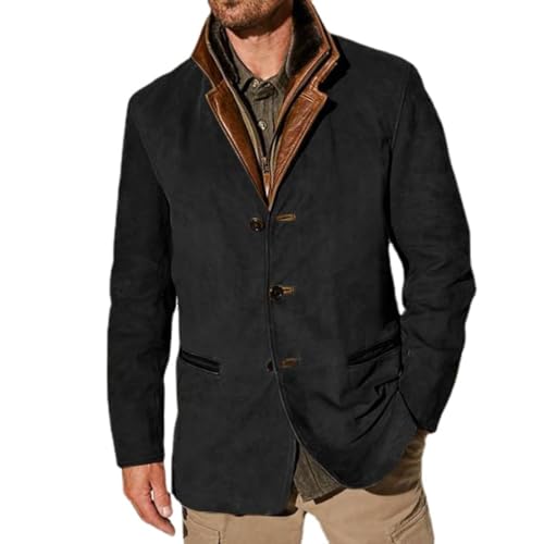 Vintage-Jacken aus Wildleder für Herren, zweilagiger Blazer mit Pelzrücken, Lederkragen, mittellang, Outdoor-Blazer für Herbst und Winter, Schwarz , 5X-Large von KaloKLU