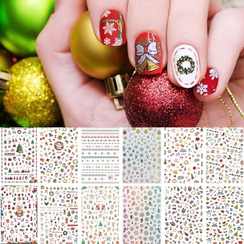 12pcs Weihnachten Nagelsticker, Kalolary Nagel Sticker Nail Art Sticker Nagelsticker Selbstklebend Kunst Aufkleber Maniküre Weihnachten Deko von Kalolary