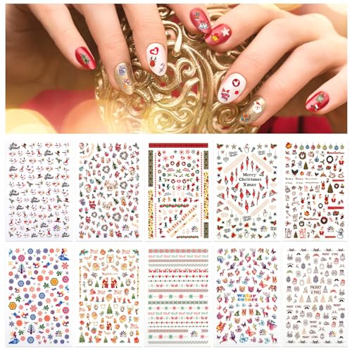 Kalolary 10 Blätter Nagel Sticker Abziehbilder, Weihnachten Nagelsticker Selbstklebend Nagelaufkleber 3D Design Nail Art Sticker Nagel Wassertransfer Abziehbilder für DIY Nagel Kunst Dekoration von Kalolary