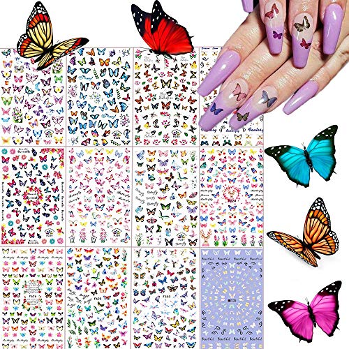 Kalolary 12 Blätter Schmetterling Nagelsticker Selbstklebend Nagelaufkleber Nail Art Sticker Nagel Abziehbilder für Mädchen Mitgebsel Kindergeburtstag DIY Nagel Kunst Dekoration von Kalolary