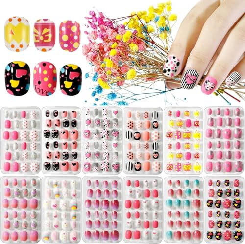 Kalolary 12 Boxen Kinder Fingern채gel, Regenbogen Muster Kinder Kunstn채gel Press on Nails Short Full Cover False Nail mit 2PCS Double-Side Glue Nail Stickers Geschenk f체r M채dchen N채gel Geschenk von Kalolary