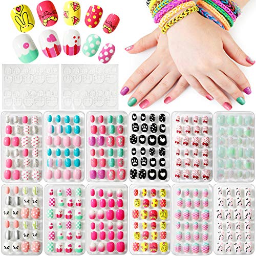 Kalolary 12 Boxen Kinder Fingernägel, Regenbogen Muster Kinder Kunstnägel Press on Nails Short Full Cover False Nail mit 2PCS Double-Side Glue Nail Stickers Geschenk für Mädchen Nägel Geschenk-B von Kalolary