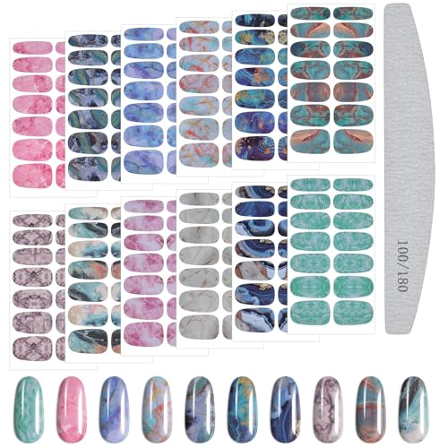 Kalolary 12 Stücke Farbverlauf Marmor Nagellack Aufkleber Selbstklebende Voll Nagel Wickeln Einfarbige Abziehbilder Verpackungen mit Nagelfeile von Kalolary
