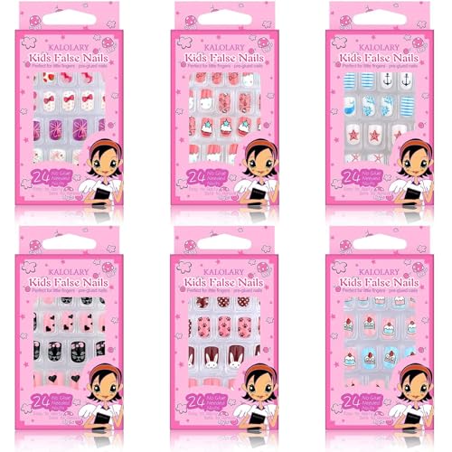 Kalolary 144 STÜCKE Kinder Fingernägel, Süßigkeiten Muster Kinder Kunstnägel Press on Nails Short Full Cover False Nail Set Künstliche Nail Tips Geschenk für Mädchen Nägel Geschenk von Kalolary
