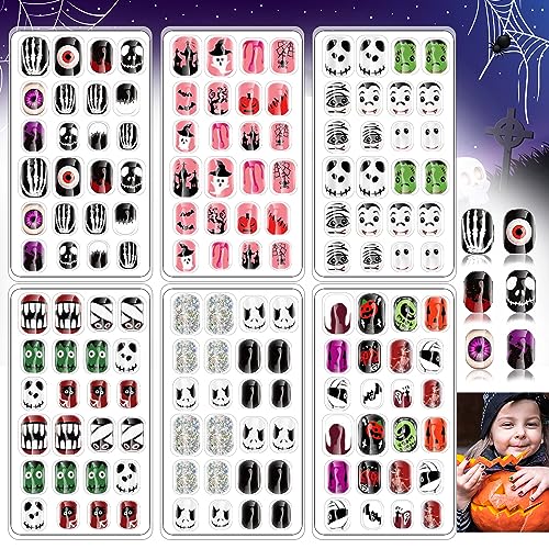 Kalolary 144 Stücke Halloween Künstliche Nägel Kinder, Kinder Kunstnägel Press on Nails Fledermaus Geist Muster Full Cover Kurze Fake Fingernagel Kit für Mädchen Kinder Nagel Kunst DIY Dekoration von Kalolary