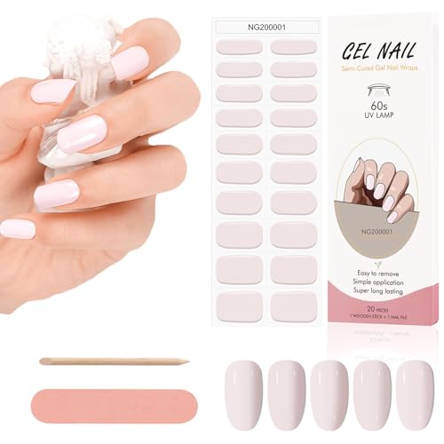 Kalolary 20PCS Gel Nagellack Aufkleber, Nagelsticker Full Wraps Nagelaufkleber U/LED-Lampe Erforderlich Cured Gel Nail Strips mit Nagelfeile und Stick für Frauen Mädchen Nageldekoration (Licht Rosa) von Kalolary