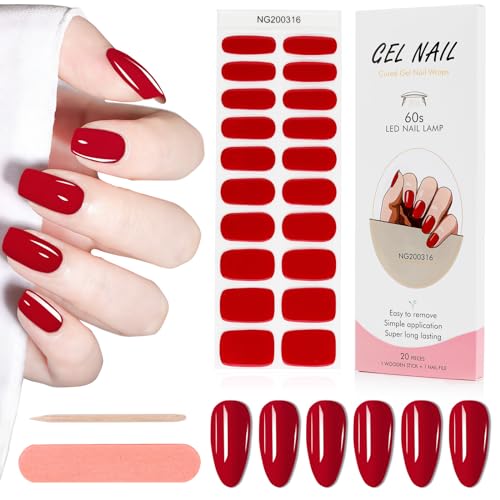 Kalolary 20PCS Gel Nagellack Aufkleber, Nagelsticker Full Wraps Nagelaufkleber UV/LED Lampe Erforderlich Cured Gel Nail Strips mit Nagelfeile und Stick für Frauen Mädchen (Jujube rot) von Kalolary