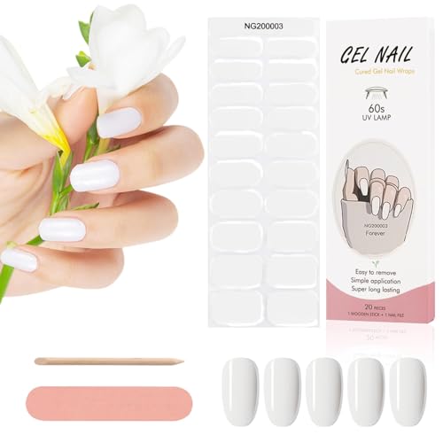 Kalolary 20PCS Gel Nagellack Aufkleber, Nagelsticker Rot Full Wraps Nagelaufkleber UV/LED-Lampe Erforderlich Cured Gel Nail Strips mit Nagelfeile und Stick für Frauen Mädchen Nageldekoration (Weiss) von Kalolary
