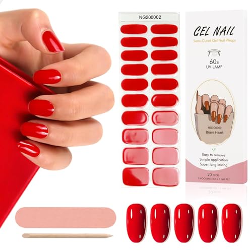 Kalolary 20PCS Gel Nagellack Aufkleber, Nagelsticker Rot Full Wraps Nagelaufkleber UV/LED-Lampe Erforderlich Cured Gel Nail Strips mit Nagelfeile und Stick für Frauen Mädchen Nageldekoration-B von Kalolary
