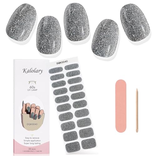 Kalolary 20PCS Gel Nail Wraps Nagelsticker, Glänzendes Grau Selbstklebend Nagelfolie Nagelaufkleber Gel Nagellack Aufkleber Gel Nail Strips mit Nagelfeile und Stick von Kalolary