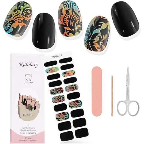 Kalolary 20PCS Gel Nail Wraps Nagelsticker, Selbstklebend Nagelfolie Nagelaufkleber UV/LED-Lampe Erforderlich Cured Gel Nagellack Aufkleber Gel Nail Strips mit Nagelfeile Schere und Stick (19) von Kalolary