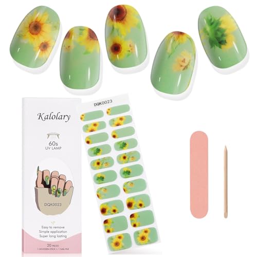 Kalolary 20PCS Gel Nail Wraps Nagelsticker, Sonnenblumengrün Selbstklebend Nagelfolie Nagelaufkleber Gel Nagellack Aufkleber Gel Nail Strips mit Nagelfeile und Stick von Kalolary