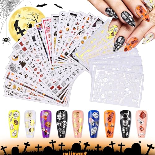 Kalolary 24 Blatt Halloween Nagelaufkleber Abziehbilder, 3D Selbstklebende Nail Art Aufkleber Gold Silber und Bunte Muster Kürbis Fledermaus Spinnennetz für DIY Nagel Kunst Dekoration von Kalolary