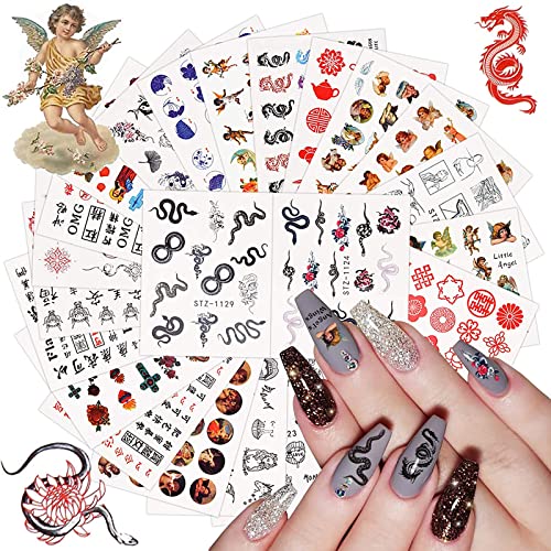 Kalolary 24 Blatt Schlange Nagelsticker Nagelaufkleber Selbstklebende Wassertransfer Nail Art Sticker Fingernägel Schablone Nagel Tattoos Aufkleber Nageldesign für Mädchen Frauen Halloween Dekoration von Kalolary