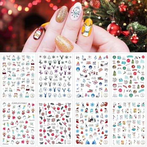 Kalolary 8 Blatt Weihnachten 3D Nail Art Sticker, Nagelsticker Selbstklebend Weihnachtsmann Rentier Schneeflocke Nagelaufkleber Nagel Abziehbilder für Weihnachten Neujahr DIY Nagel Dekorationen von Kalolary