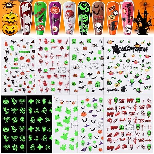 Kalolary 9 Blatt Halloween Luminous Nail Stickers, 3D Halloween Nail Art Aufkleber Abziehbilder Glow in Dark Selbstklebende Halloween Kürbis Spinne Nagel Aufkleber für Nail Art DIY Dekoration (B) von Kalolary