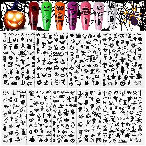 Kalolary 9PCS Kalolary 9 Blatt Halloween Nagel Sticker Abziehbilder Stereoskopische Selbstklebende Nagelaufkleber Spinnennetz Kürbis Fledermaus Schädel Geist DIY Maniküre Aufkleber für Halloween von Kalolary