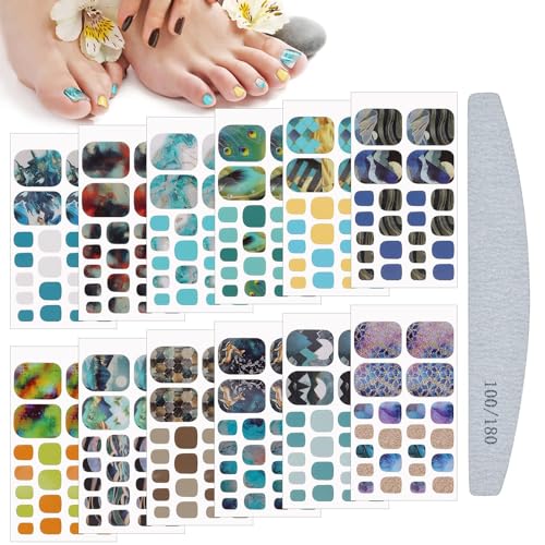 Kalolary Fußnagel Sticker Fußnägel Nagelfolie, 12 Blatt Marmorierung Fußnägel Nail Art Sticker mit Nagelfeile Nageldesign Decals Nail Selbstklebende für Fußnagel Nagelkunst von Kalolary