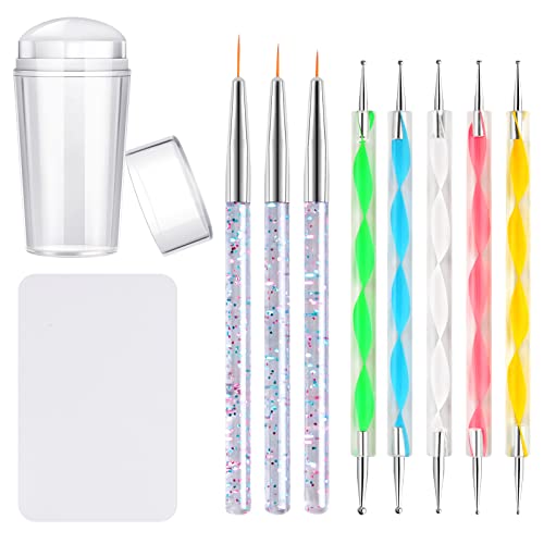 Kalolary Klar Nail Art Stamper, Nagelkunst Stempel mit Schaben, 3 Stücke Nail Art Liner Pinsel Pinsel für Gelnägel, 5 Stücke Nail Dotting Pen Double Ended Nail Liner Pen, French Smile Line Werkzeuge von Kalolary