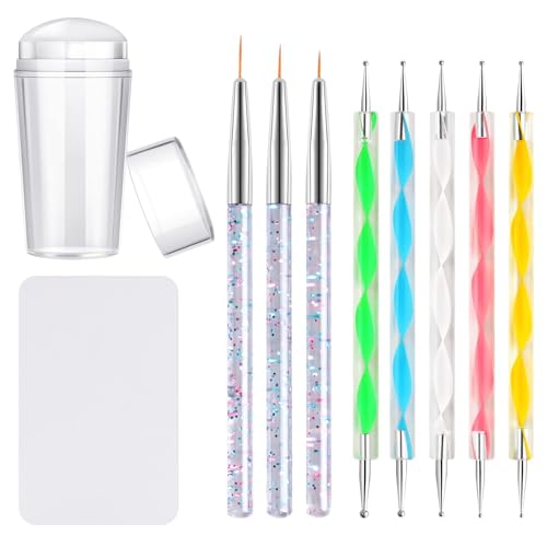 Kalolary Klar Nail Art Stamper, Nagelkunst Stempel mit Schaben, 3 Stücke Nail Art Liner Pinsel Pinsel für Gelnägel, 5 Stücke Nail Dotting Pen Double Ended Nail Liner Pen, French Smile Line Werkzeuge von Kalolary