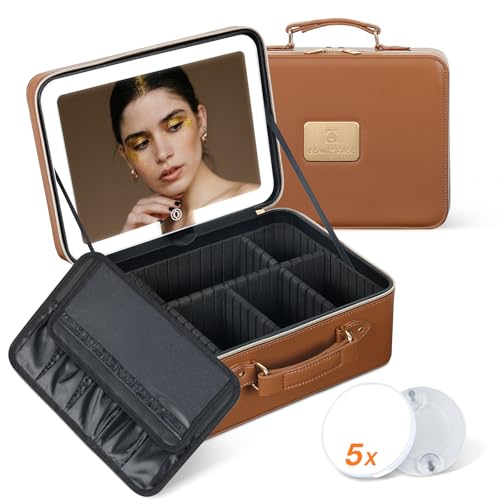 Kalolary Kosmetiktasche mit Spiegel, Makeup Tasche mit Einstellbarer Helligkeit in 3 Farbszenarien Tragbare Schminktasche mit Verstellbaren Trennwänden Professionelle Makeup Organizer Tasche (Braun) von Kalolary