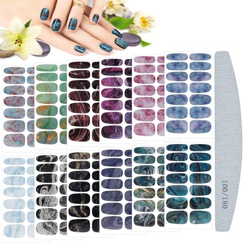 Kalolary Nagelfolie Selbstklebend, 12 Blatt Nagelsticker Marmorierung Full Nail Wraps Selbstklebende Nagelkunst Sticker Selbstklebende Maniküre Sticker mit Nagelfeile von Kalolary