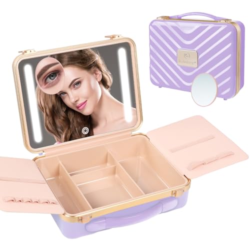 Kalolary Reise-Make-up-Tasche mit beleuchtetem Spiegel, 3 Farbeinstellungen, Make-up-Tasche, Kosmetiktasche, Organizer, verstellbare Helligkeit, tragbare Make-up-Aufbewahrungsbox mit abnehmbarem von Kalolary