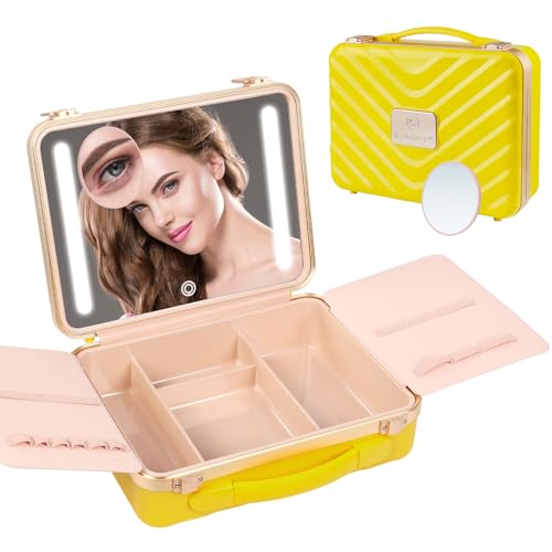 Kalolary Reise-Make-up-Tasche mit LED-beleuchtetem Spiegel, 3 Farbeinstellungen, Make-up-Tasche, Kosmetiktasche, Organizer, verstellbare Helligkeit, tragbare Make-up-Aufbewahrungsbox für von Kalolary