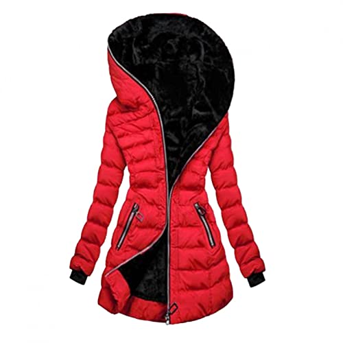 KaloryWee Damen Winter Steppmantel Warm Kunstfell Gefüttert Jacken Damen Mid-Lang Winddicht Baumwolle Mäntel Outwear, rot, 48 von KaloryWee Sale Clearance Outwear