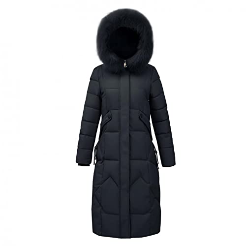 KaloryWee Langer Wintermantel mit Gürtel, Damen Maxi Baumwolljacken Winter Solide Parka Mäntel Mit Flauschiger Kunstpelz Kapuze, B-schwarz, 48 von KaloryWee Sale Clearance Outwear